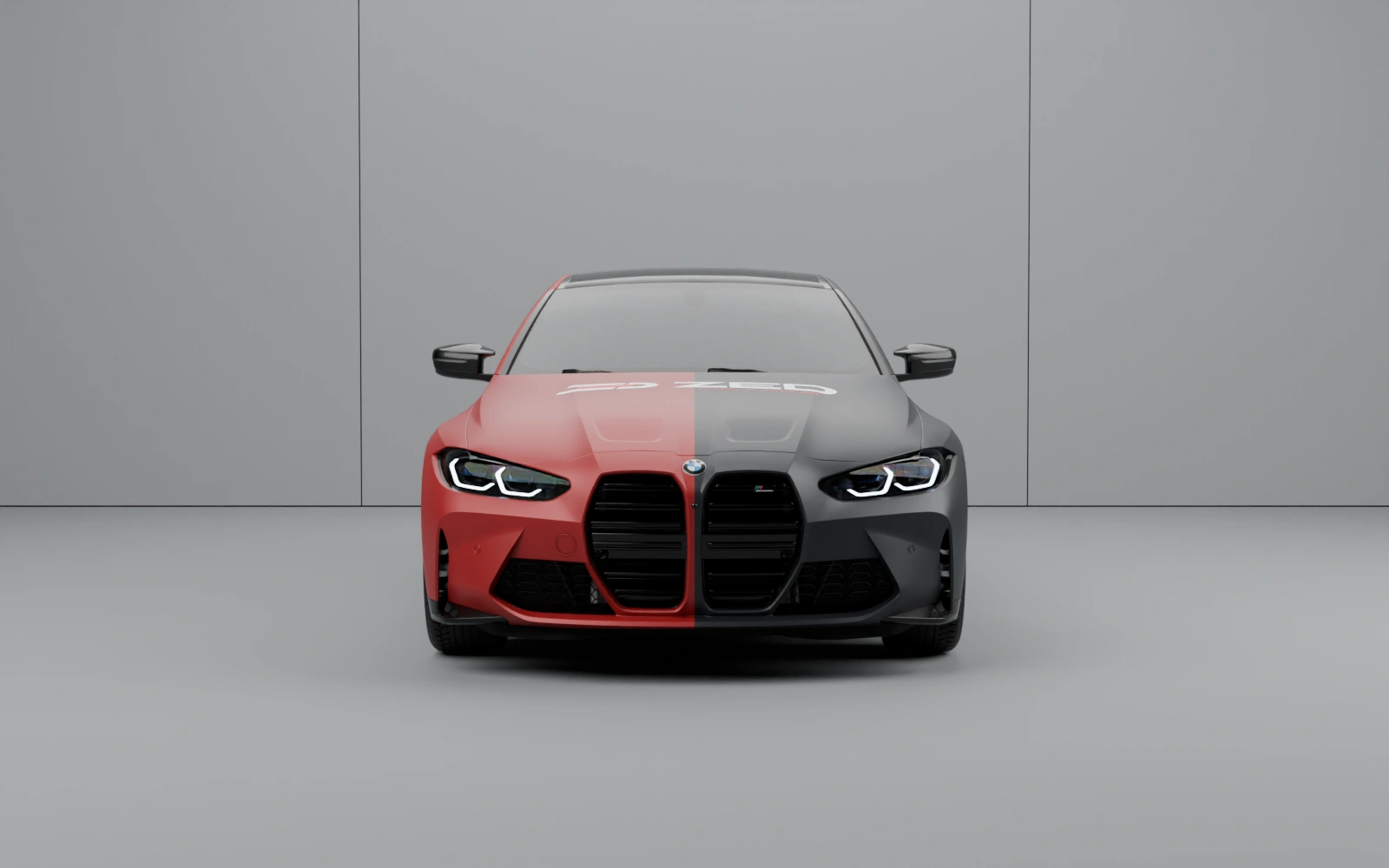 Красно-чёрный BMW M4 с логотипом ZED Motors в светло-сером ангаре